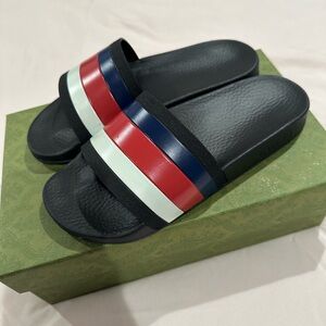 Gucci Black Slides with Red, White, and Blue Stripes